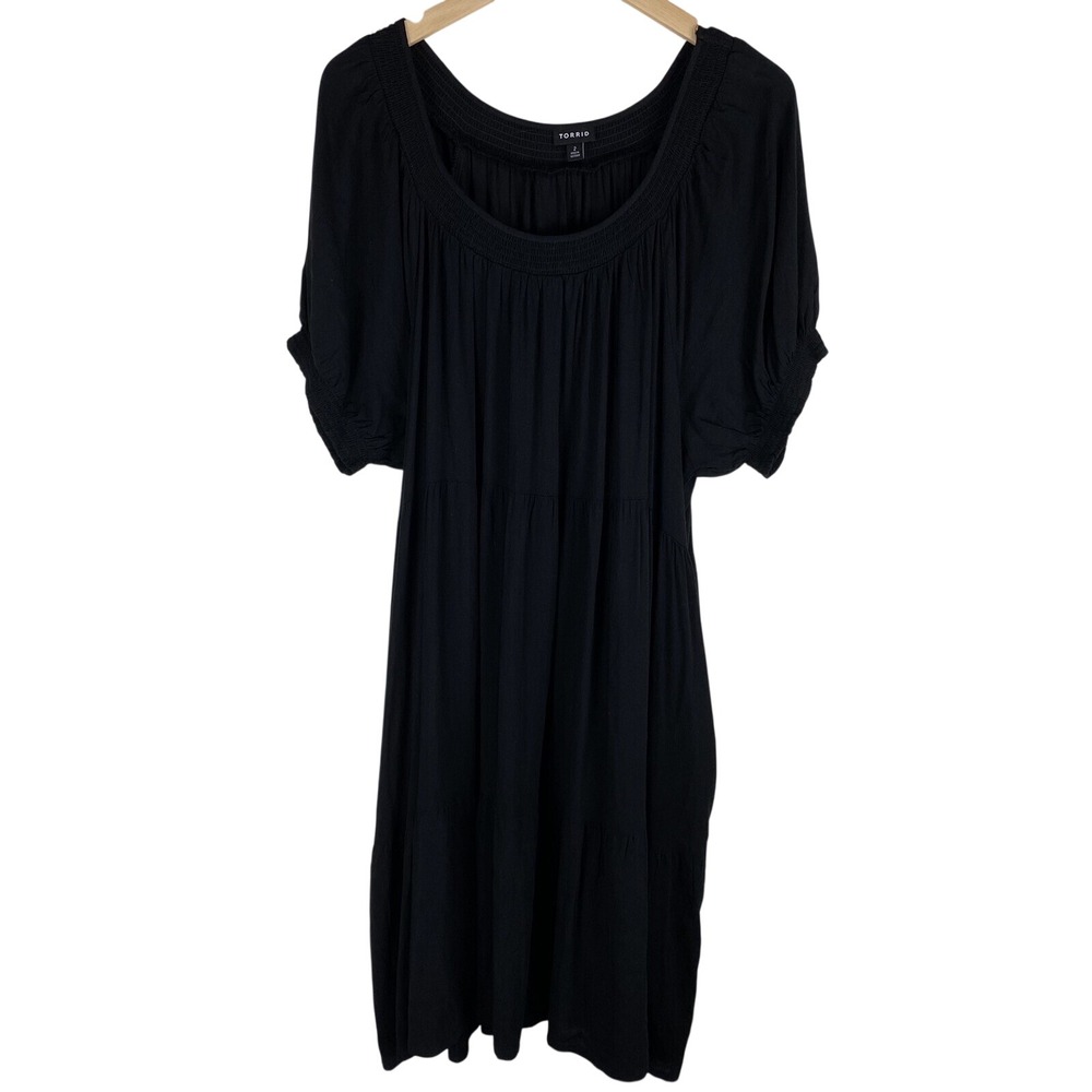 Torrid Essential Smocked Baby Doll Flowy Short Sleeve Midi Dress Black Size 2